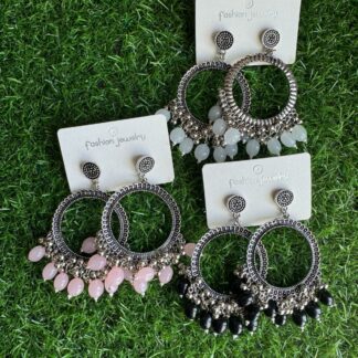 Silver Round Oval Glass Bead Jhumka