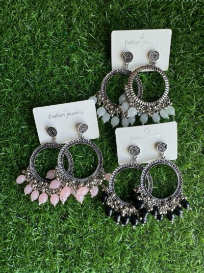 Silver Round Oval Glass Bead Jhumka
